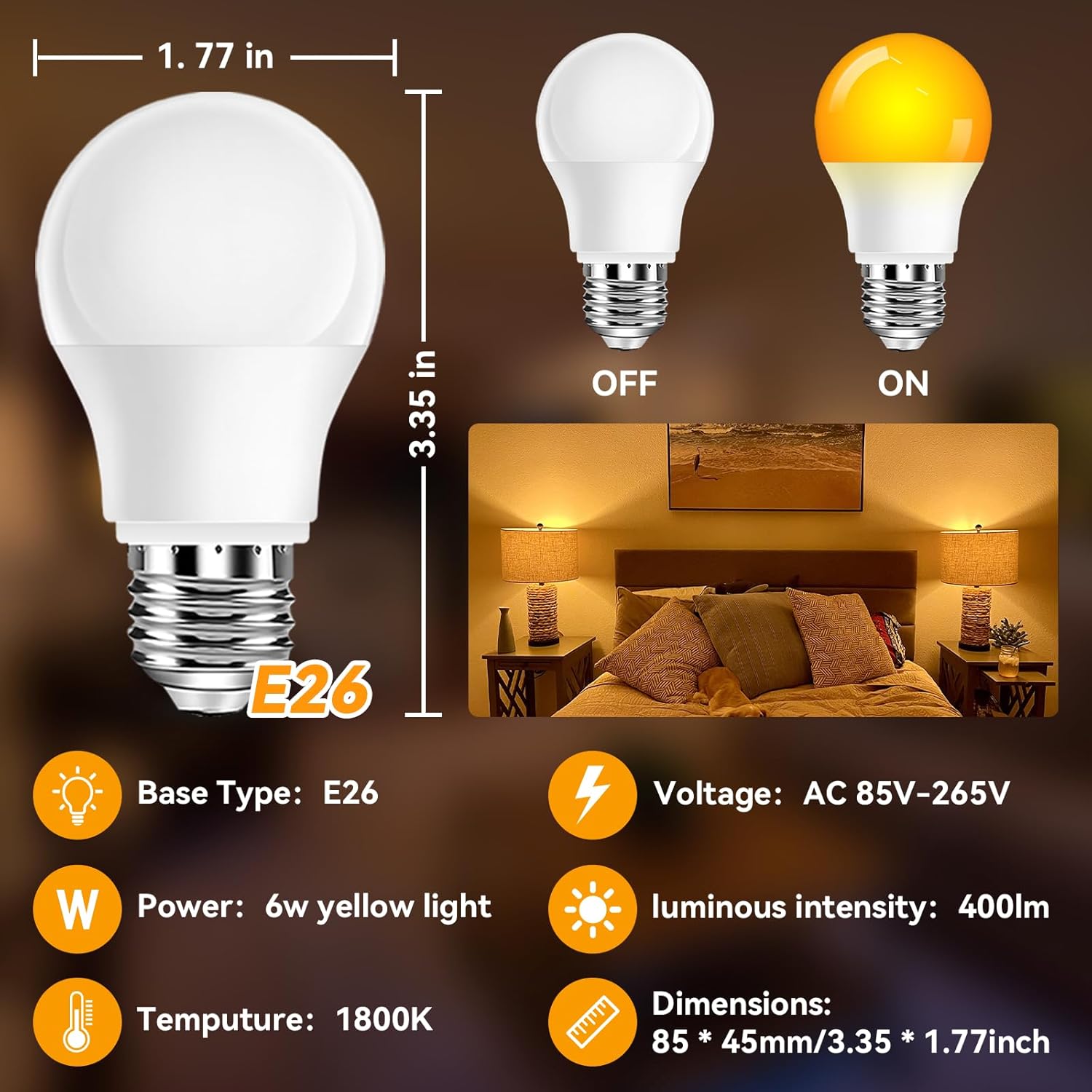 Neporal A15 Amber LED Light Bulb 1800K, True Blue Light Blocking Sleep Aid Bulb for Bedroom Nursery, 7W Replacement for 40W, Soft Warm Glow to Protect Melatonin, E26 Base (2, Amber)