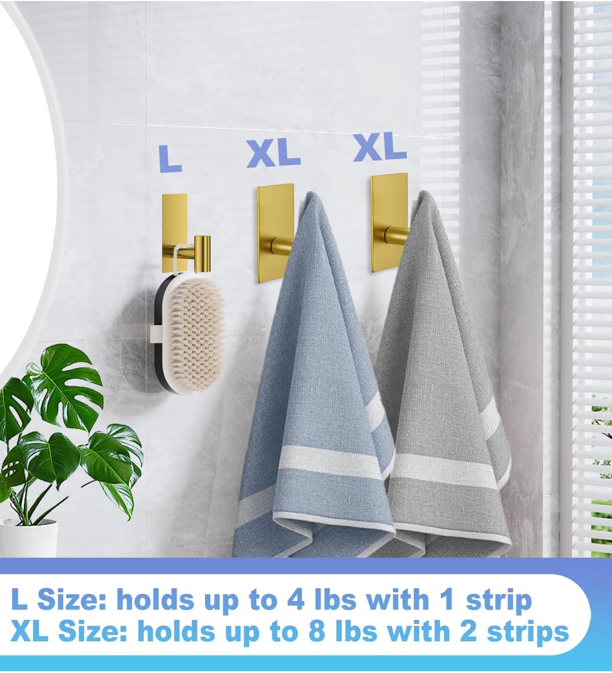 5 Pcs Towel Hooks Heavy Duty for Hanging,Adhesive Wall Hooks with Removable Strips,Sticky No Damage,Outdoor for Bathrooms,Shower,Stockings,Decor,Robe,X-Large,Gold 304 Stainless Steel - Image 4