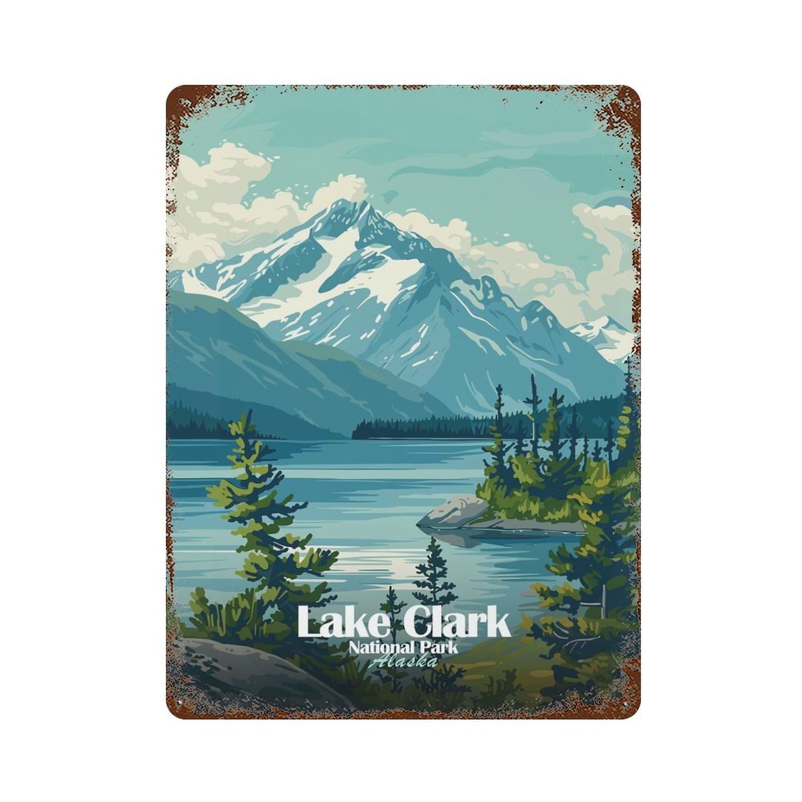 Aged Metal Wall Plaque with Lake Clark National Park, Alaska Design 15.7"x11.8", for Cafe, Home Bar And Lounge Decor, Novelty Wall Decor