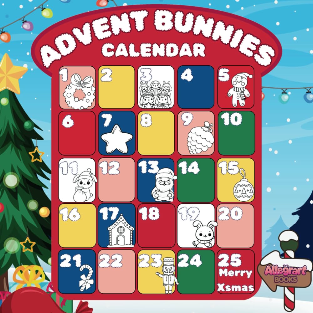 Advent Bunnies Calendar: Cute & Cozy Coloring Book for Adults and Teens Easy Christmas Pages for Relaxation
