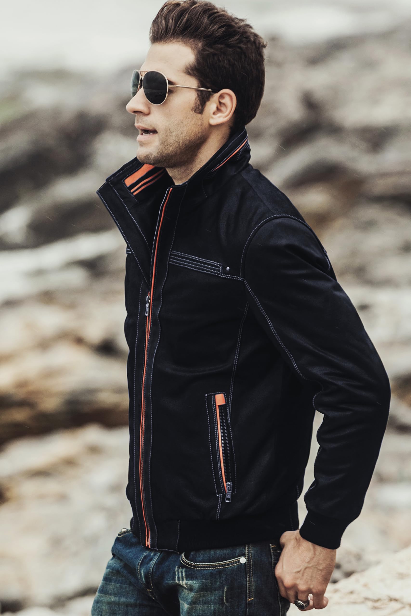 FLAVOR Chaqueta de Cuero Genuino para Hombre con Cuello Alto