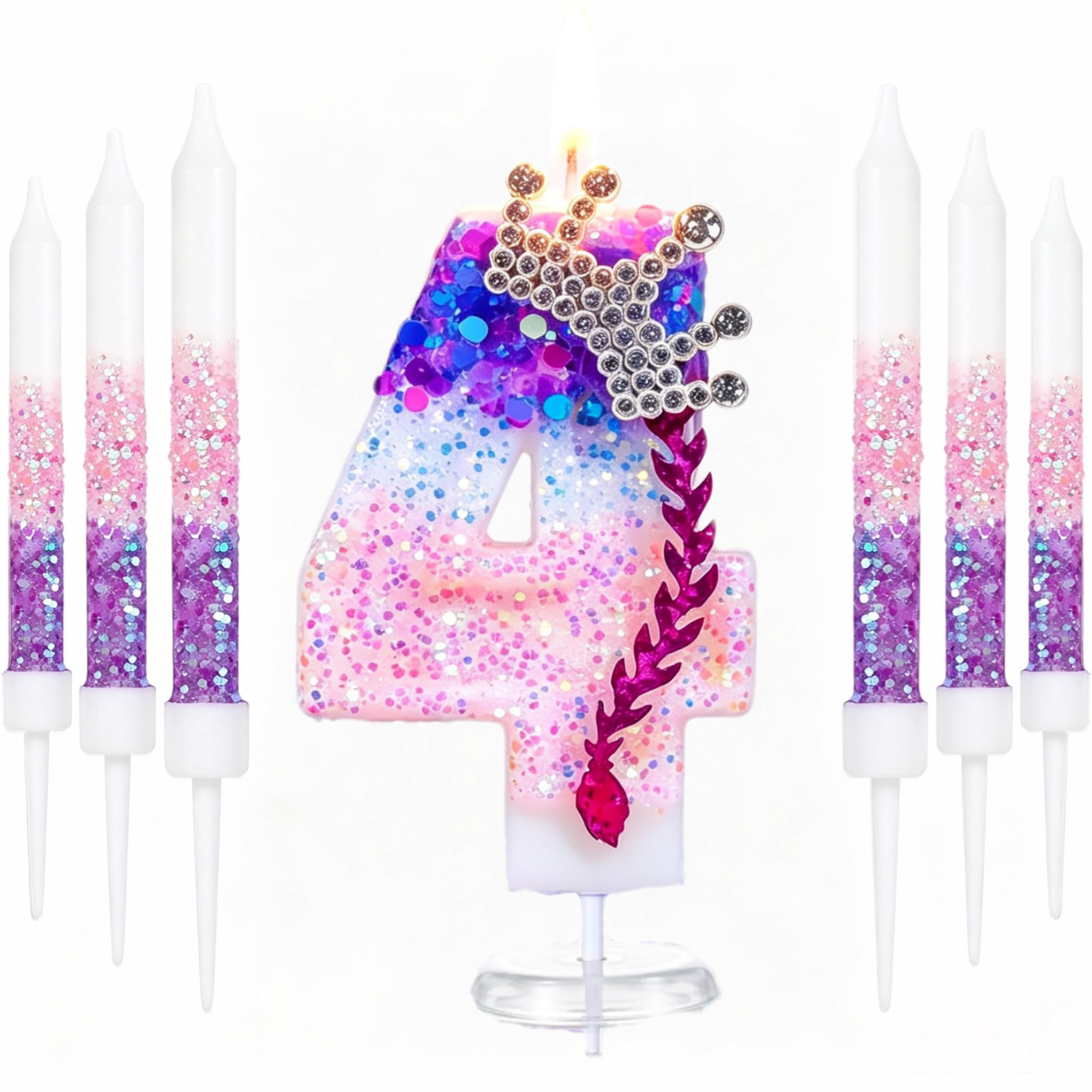 K pop 4th Birthday Candle, Purple Pink Number 4 Candle with 6 Pcs Long Candles for Girls Cake Topper Cupcake Decor Party Decoration Anniversary Celebrations Supplies (Age-4) — image 1