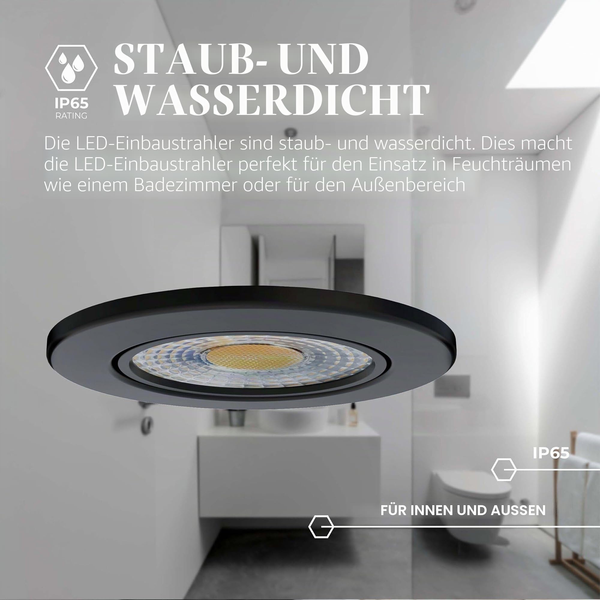 Ledvion LED Einbaustrahler 6er set Schwarz 5W CCT wasserdicht IP65 dimmbar | Einbaumass O75mm; Wasserfest fuer Bad Dusche und feuchte Innenbereiche