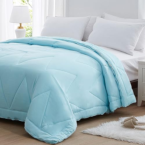 NexHome Lightweight Comforter Queen Size, Soft Down Alternative Solid Comforter, Thin Microfiber Reversible Bedding Comforter for All Seasons (Queen, Blue-Sawtooth)