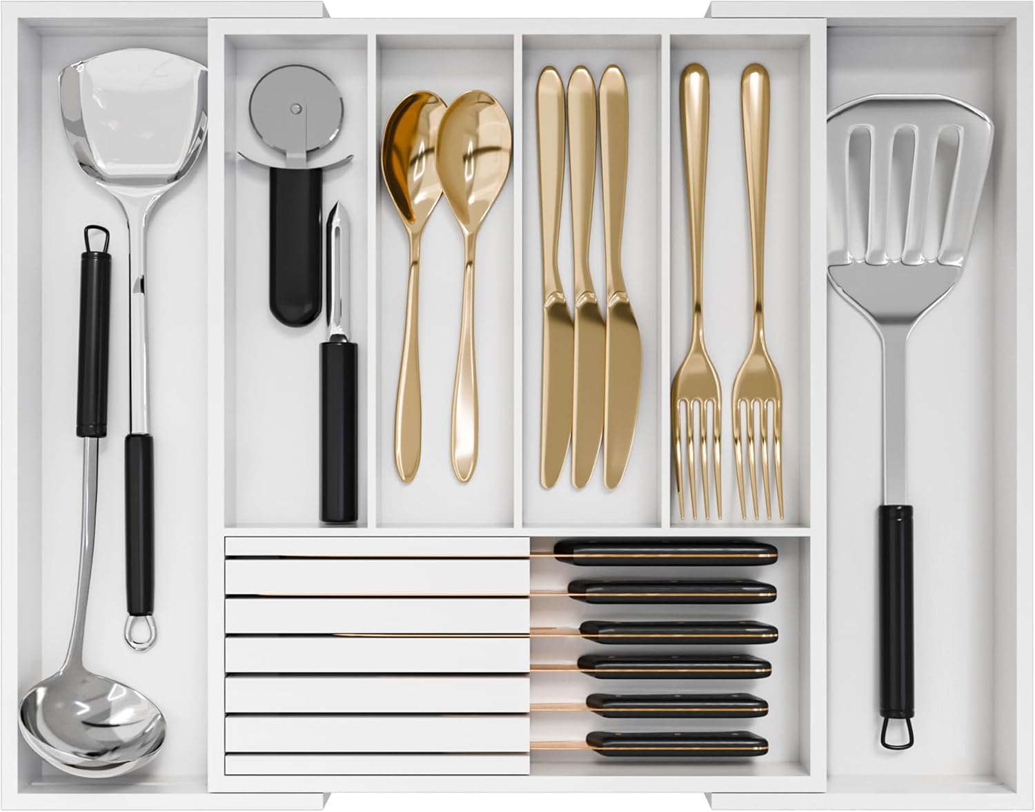 Bamboo Kitchen Silverware Drawer Organizer – Expandable Wood Utensil Holder with Dividers, Luxury Cutlery Storage Tray for Kitchen Utensil and Flatware (5-7 Slots with Removable Knife Block, White)
