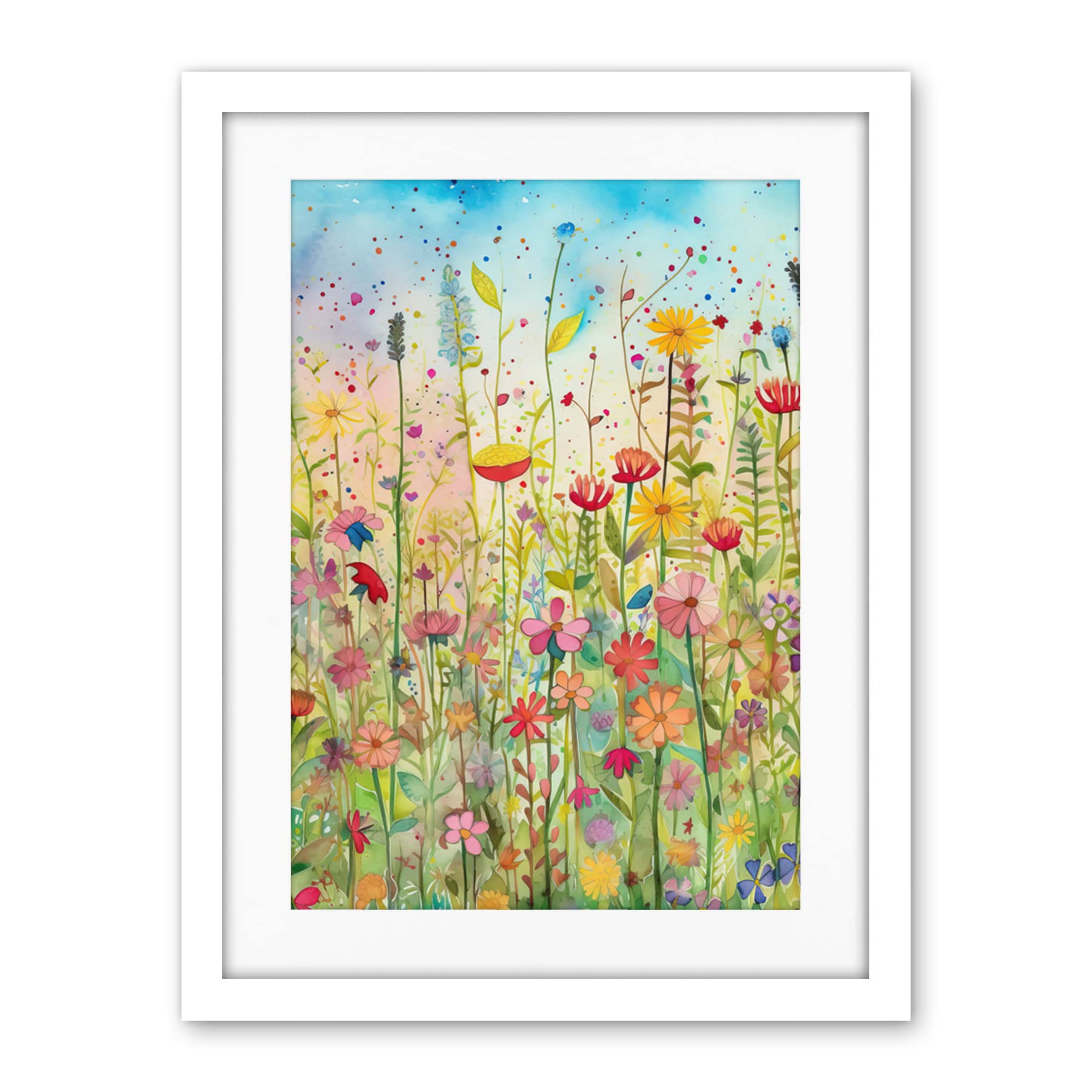 Artery8 Summer Wild Flower Blossom Meadow Folk Art Artwork Framed Wall Art Print 18X24 Inch