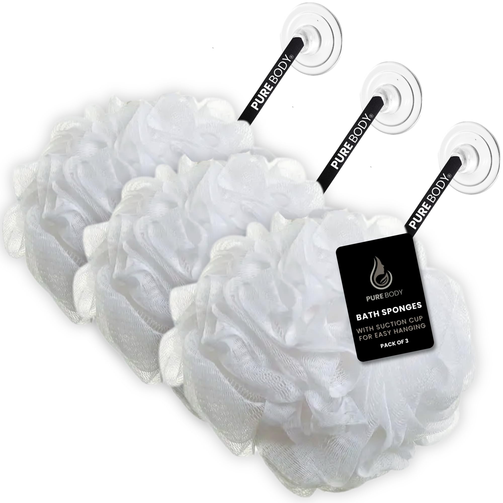Large White Bath Sponge Pack of 3 – Gentle Exfoliation Loofahs with Suction Cup for Easy Drying, Soft 70G Mesh Poufs for All Skin Types, Luxurious