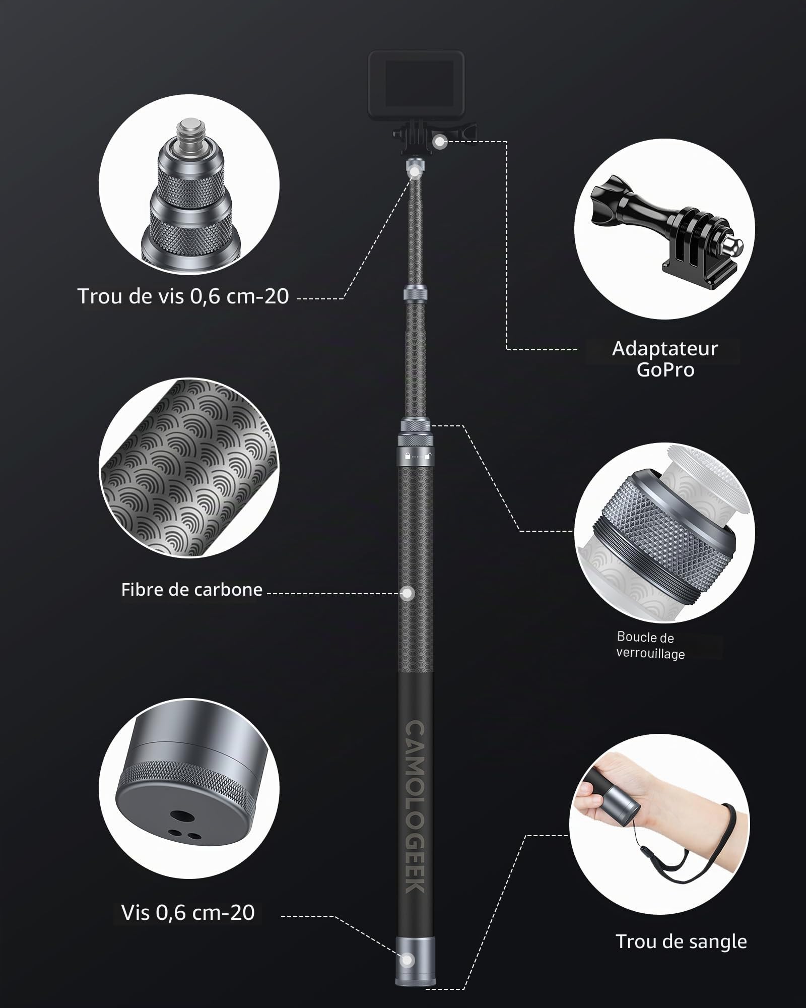 CAMOLOGEEK Perche à Selfie Invisible 3,0m/118 en Fibre de Carbone avec Poignée Antidérapante et Montage 1/4" pour GoPro Hero 13, 12, 11, 10, 9, 8, DJI Osmo 360 Action 5 Pro 4 3 Insta360 X5, X4, X3