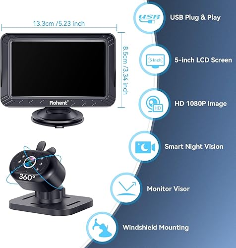 Miniatura 2 de Rohent Cámara de coche para bebé, 5 pulgadas HD 1080P, visión nocturna, fácil instalación, cámara de asiento trasero y orientado hacia adelante,