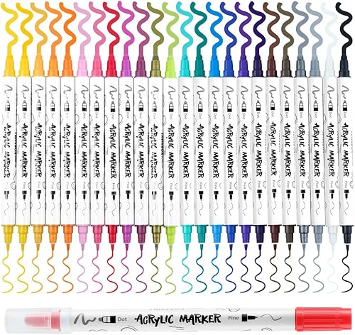 Miniatura 6 de TRANSON Juego de bolígrafos de pintura acrílica de doble punta de 24 colores llamativos y finos para lienzo, roca, madera, cuero, cerámica, pintura
