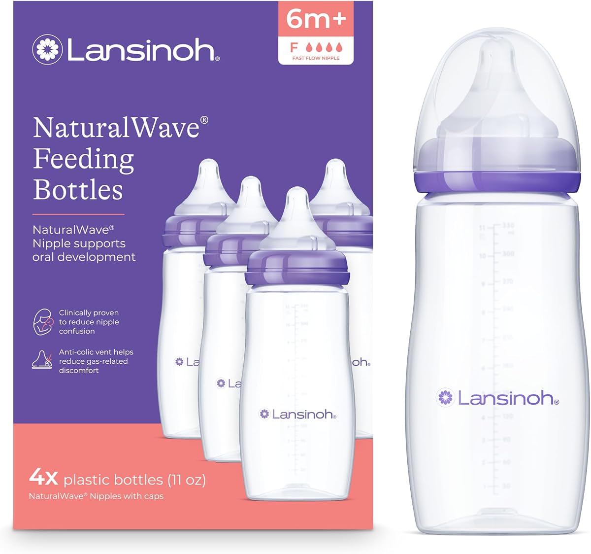 Lansinoh Biberones anticólicos, plástico sin BPA, 11 onzas, 4 unidades, tetinas de flujo rápido (tamaño F), biberón con diseño NaturalWave