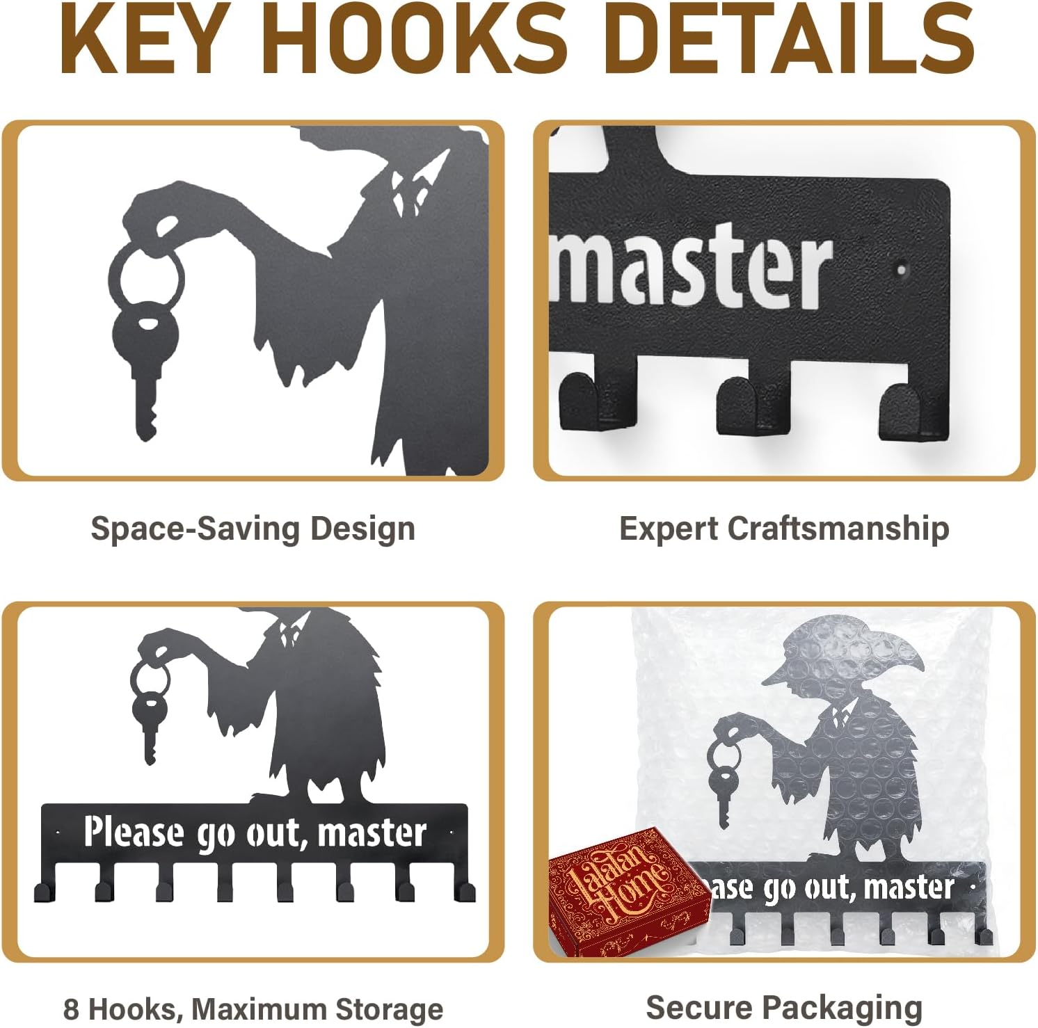 House Elf Style Metal Key Hooks – 8-Hook Wall Organizer with Matte Finish | Magical-Themed Home Decor & Gifts for HP Fans