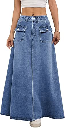 ebossy Dames Mid Rise Distressed Maxi Denim Rok Ruffle Swing Mermaid Lange Jean Rok, Lichtblauw, XL