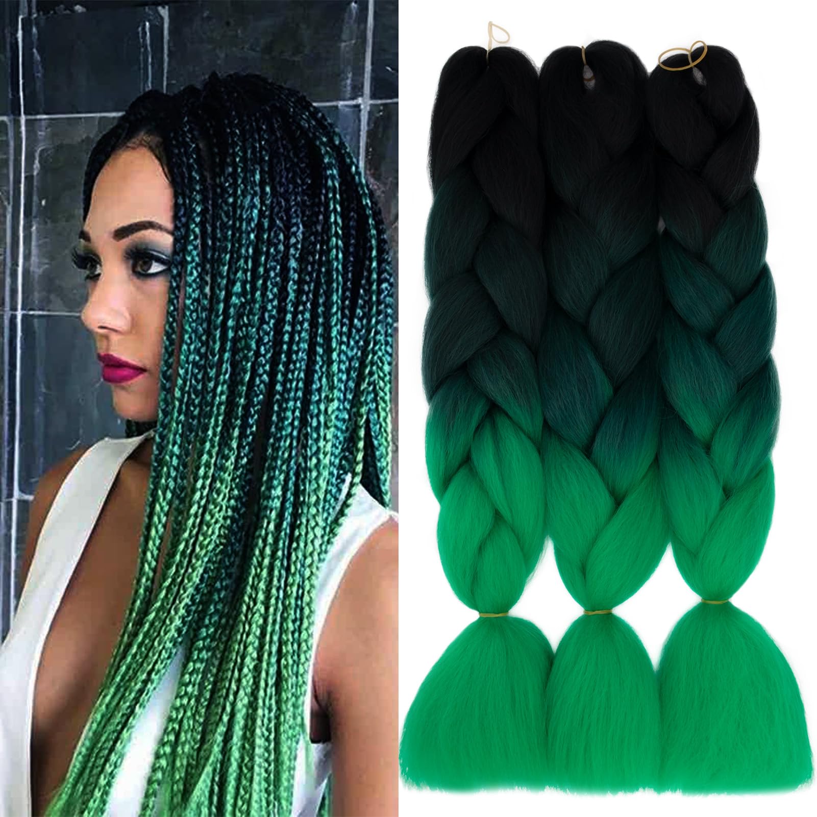 Cybelleza 60cm Extensiones para Trenzas Africanas Extensiones de Pelo Sintético para Trenzas Africanas 3PCS Ombre Braids Extensiones de Cabello Trenzado Postizas 300g, Negro/Verde oscuro/Verde