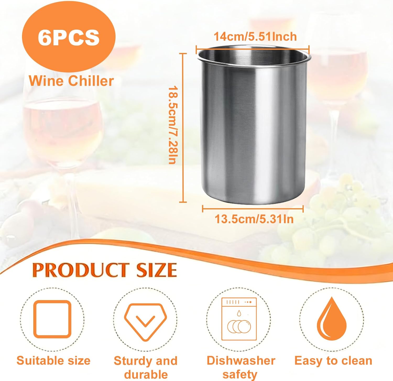 6 Pcs Stainless Steel Wine Chiller, Champagne Bucket, Wine Chiller Bucket, Can Maintain Low Temperature Insulation for Several Hours, Portable, Suitable for Most Bottle Sizes, Wine Accessories Gifts
