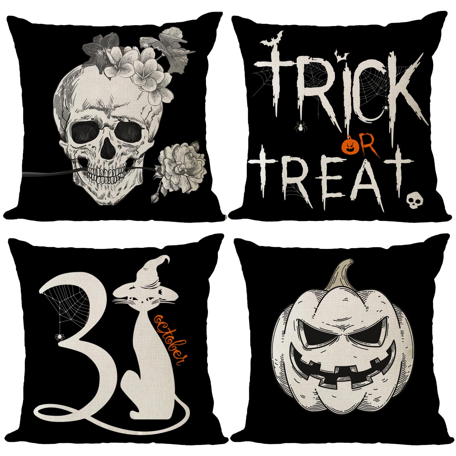 Set 4 Federe Per Cuscini Halloween GAGEC - 45x45 Cm, Motivo Zampe Di Cane E Zucca, Decorazione Interni/Esterni
