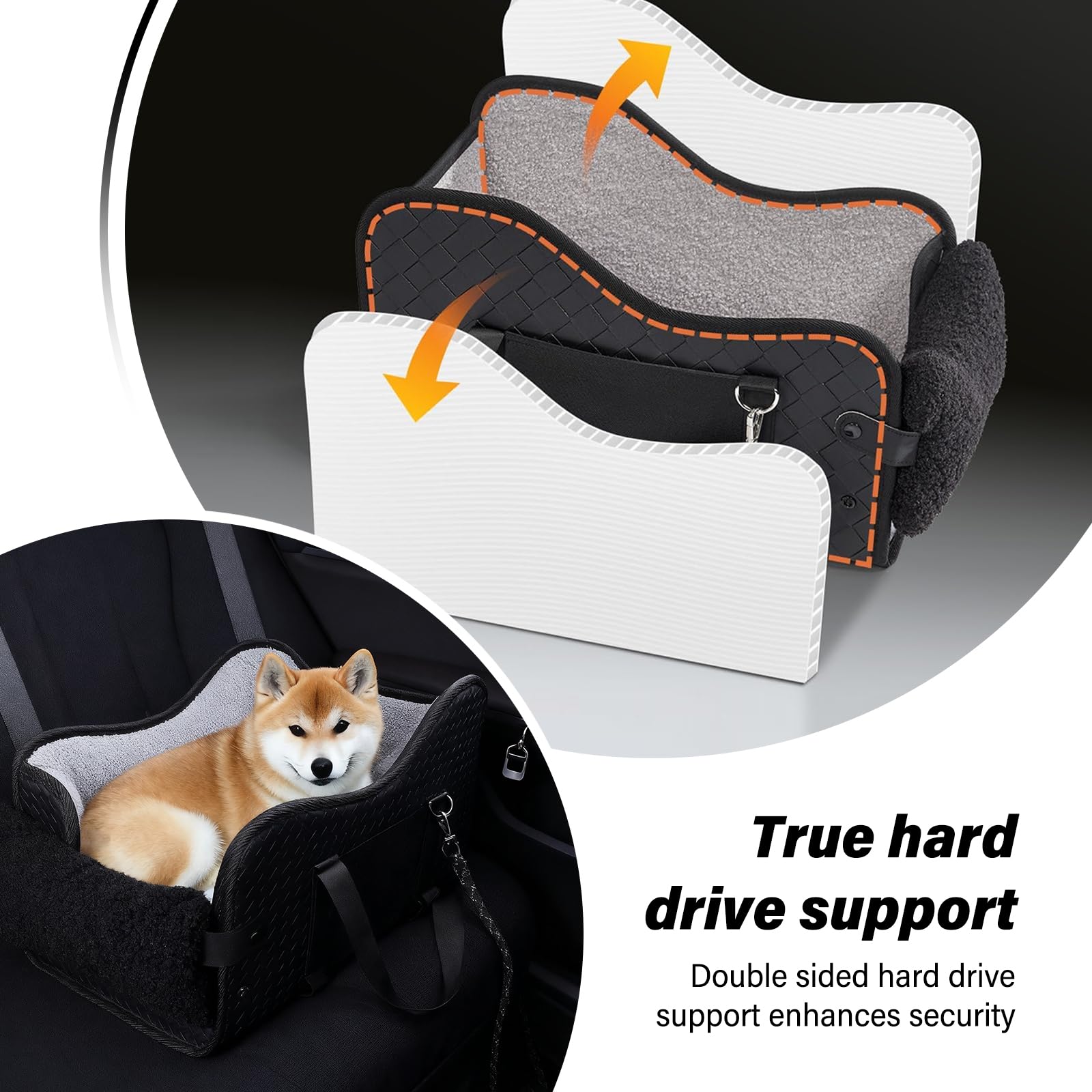 Hunde Autositz für kleine Hunde, Hundesitz Auto Mittelkonsole mit Sicherheitsgurt, Verstellbarem Weichen Kissen, Tragbarer Hundebett Auto für Kleine Haustiere