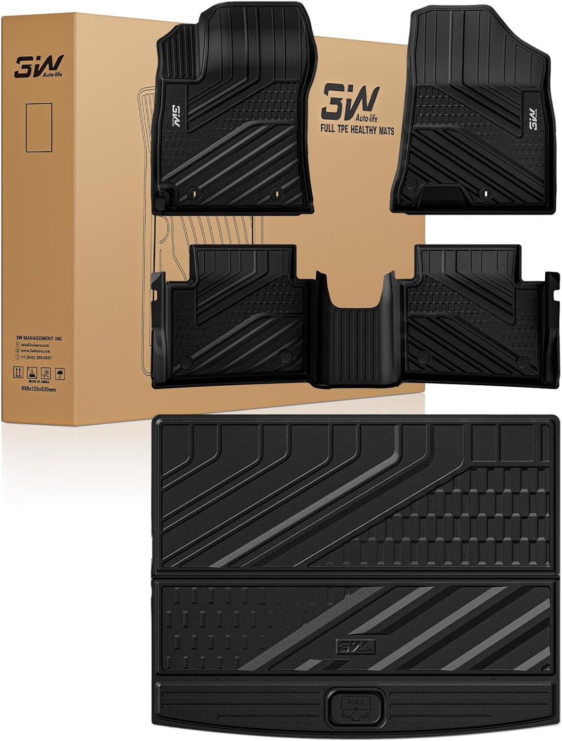 3W Floor Mats & Cargo Liner Compatible with Hyundai Kona 2026 2025 2024 (Gas Models Only), TPE All-Weather Heavy Duty Custom Fit Car Accessories Full Set, Black (Not for EV/Hybrid)