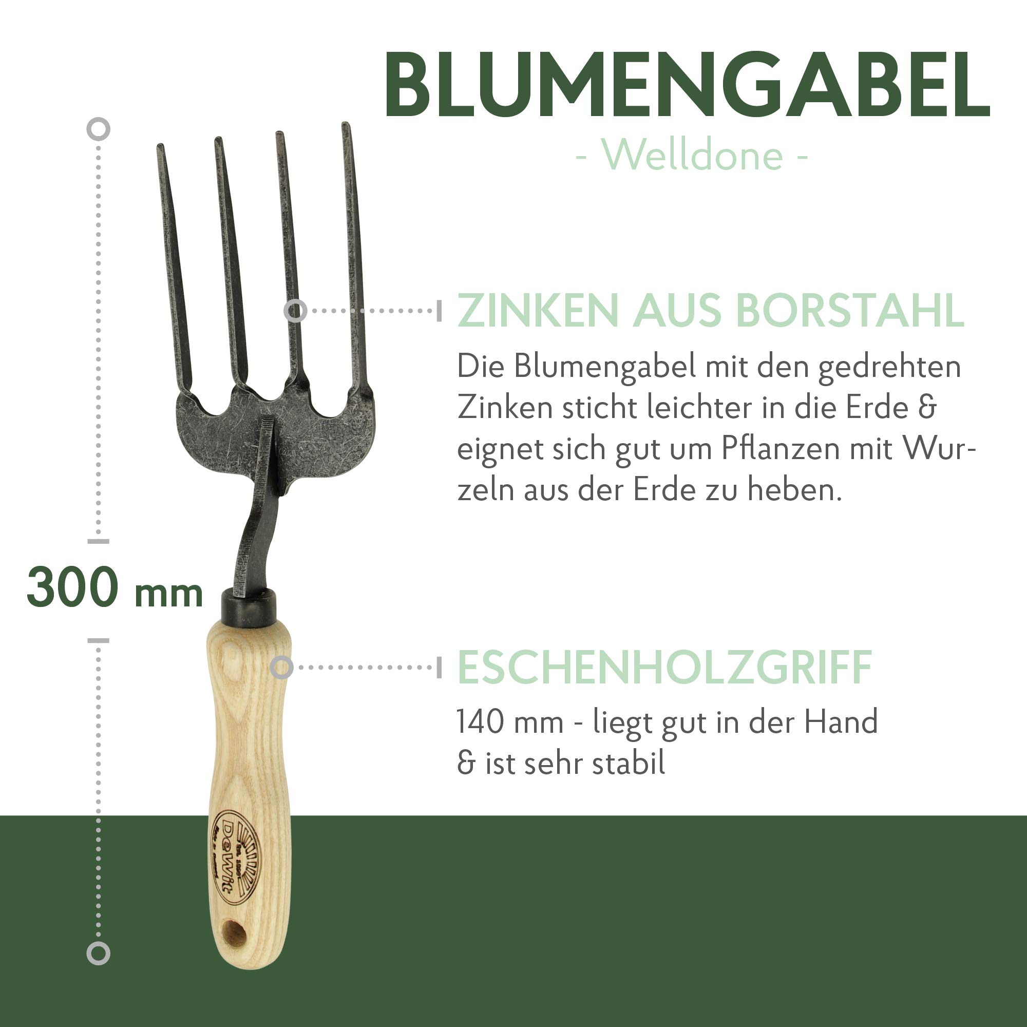 DeWit Blumengabel 'Twisted Hand-Fork Welldone' 30 cm I Profi Grabegabel aus Borstahl mit FSC®-zertifiziertem Handgriff aus Esche I Premium Gartengabel I Handgrabeforke I Garden Tools – Made in Holland