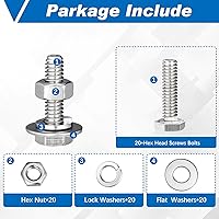 Vista 3 de Therwen Juego de 80 tornillos de cabeza hexagonal de acero inoxidable de 1/4-20 x 1 pulgada, tuercas, arandelas planas, pernos y tuercas gruesos