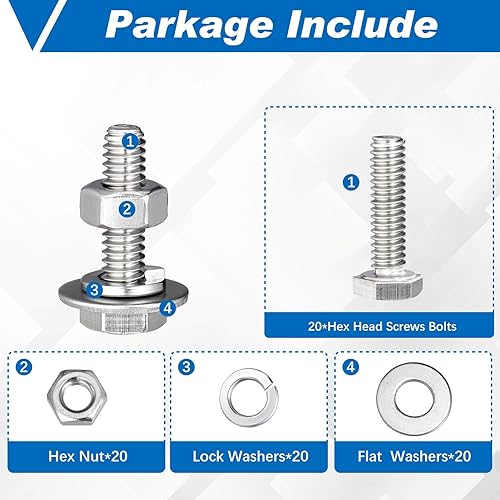 Miniatura 3 de Juego de 20 tornillos de cabeza hexagonal de acero inoxidable, tuercas, arandelas de bloqueo plano, pernos y tuercas gruesos de acero inoxidable,