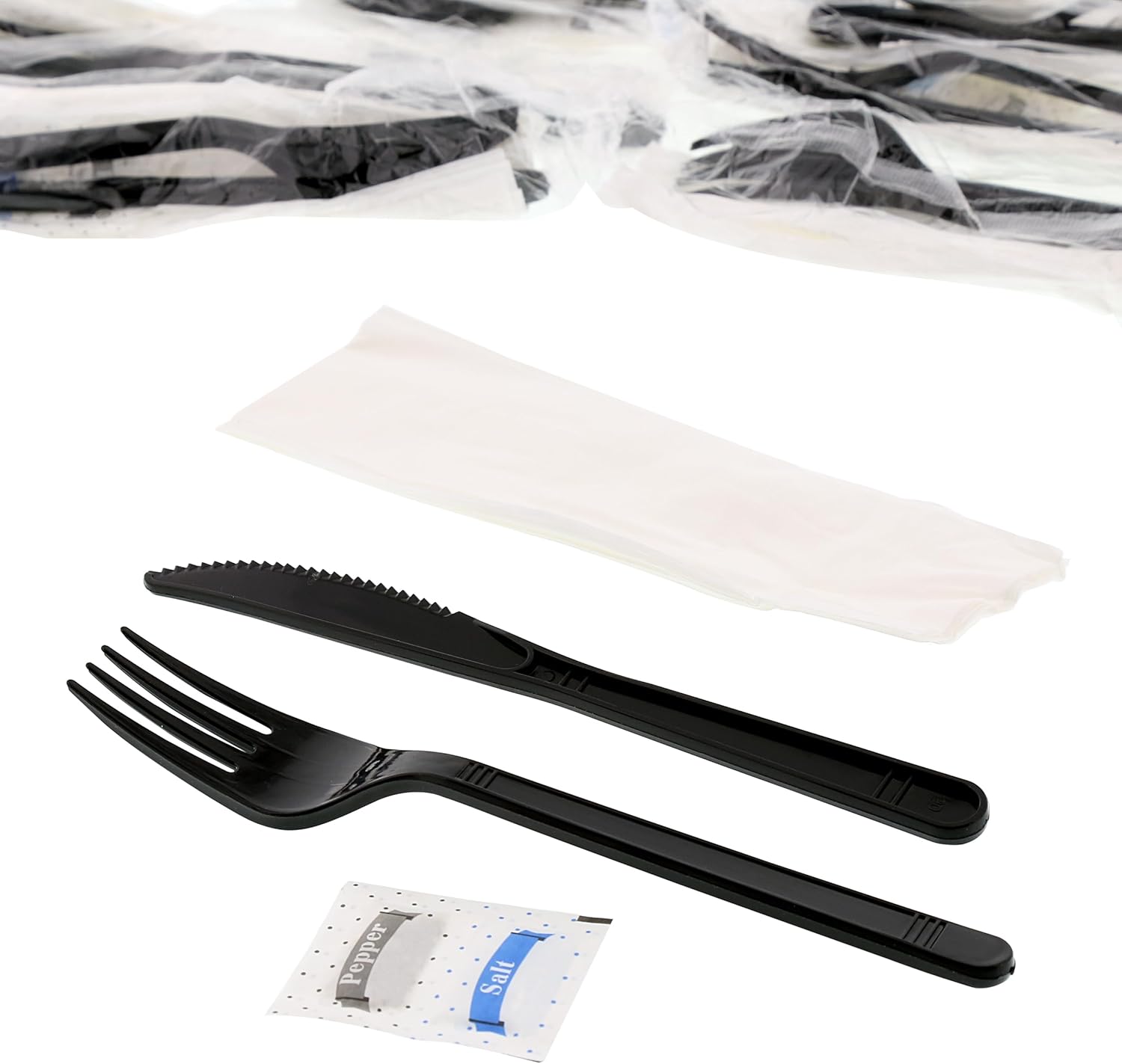 AmerCareRoyal 5-in-1 Disposable Silverware Medium Heavy Weight Plastic Utensil Set with Fork, Knife, Salt & Pepper Packets, 13x17 Napkin - Individually Wrapped Cutlery Meal Kit, Black, Case of 500