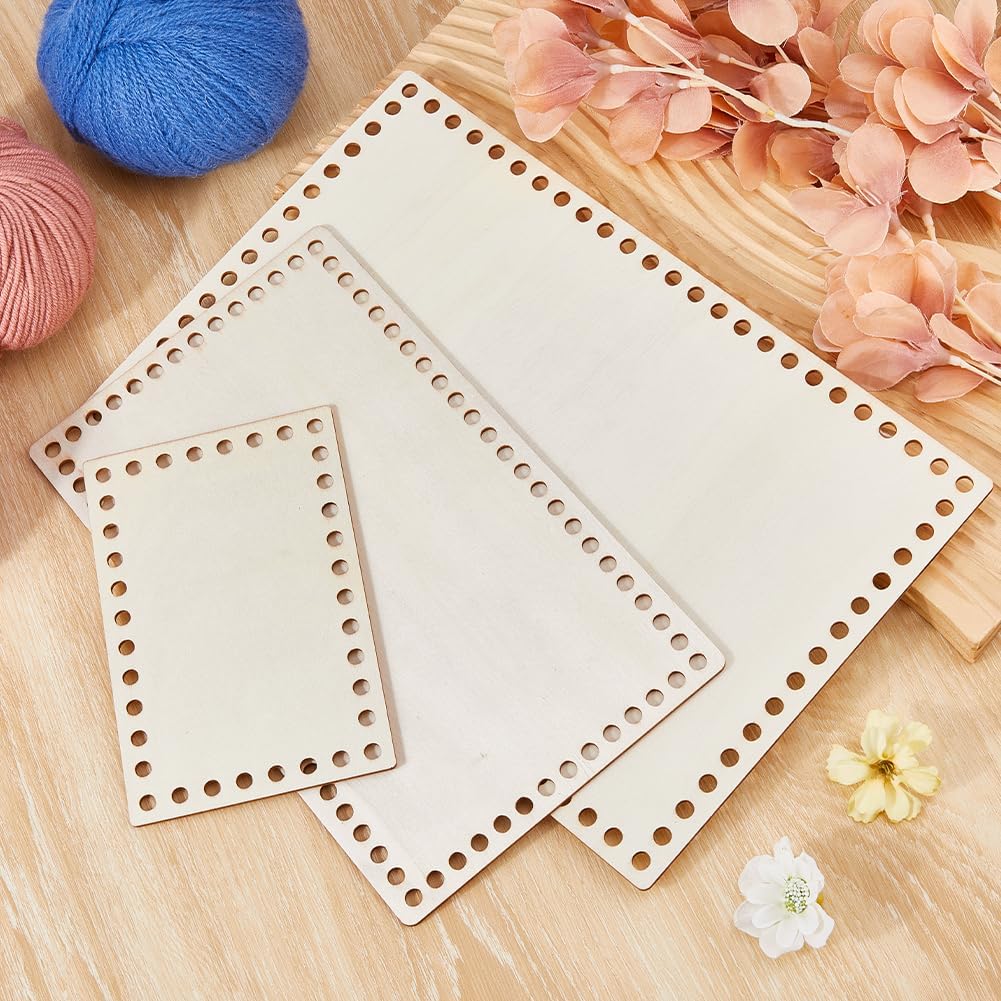 Hobbspring 5Pcs Wooden Crochet Basket Base 3 Styles Rectangle Basket Weaving Supplies with 6mm Holes Wooden Basket Bottom for Home Decor Craft Handmade Basket Bag Yarn Making