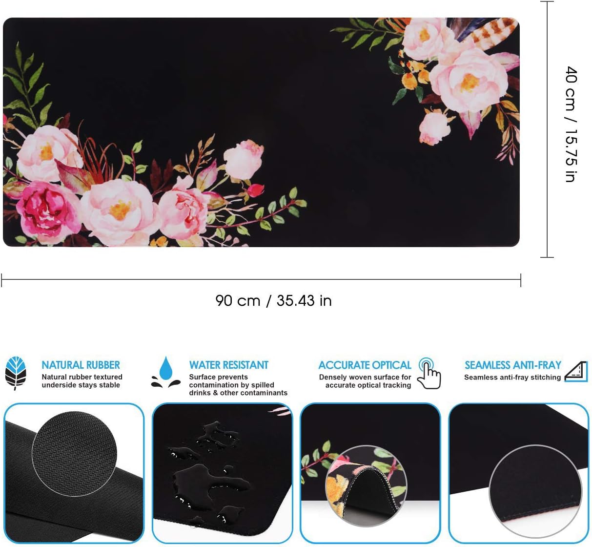 iCasso Extended Gaming Mouse Pad (35.4x15.7 in), Large Non-Slip Rubber Base Mousepad with Stitched Edges, Waterproof Keyboard Mouse Mat Desk Pad for Work, Game, Office, Home -Flower