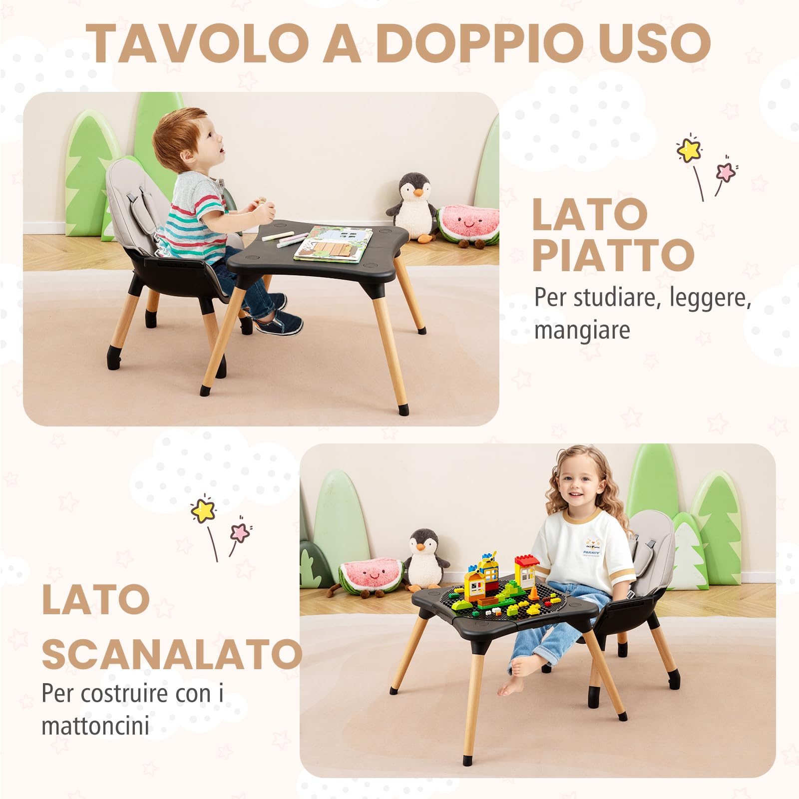 RELAX4LIFE 4 in 1 Seggiolone Pappa, Seggiolone Evolutivo con Vassoio Rimovibile e Cintura di Sicurezza, Altezza Regolabile in 4 Posizioni, per Bambini e Neonati 6-36 Mesi (Standard, Grigio Scuro)