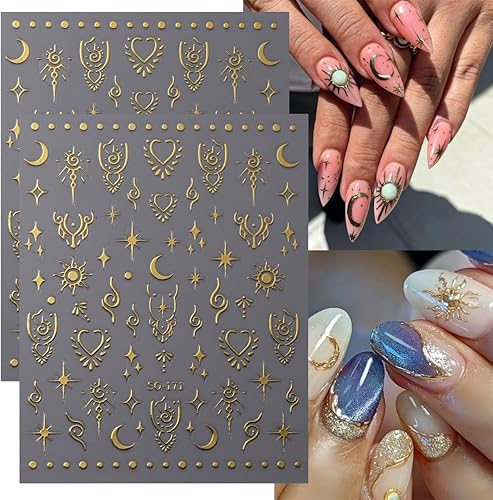 Miniatura 5 de 8 hojas de calcomanías de arte de uñas de luna y estrella 3D, autoadhesivas, metálicas, holográficas, láser, brillantina, diseño de uñas, estrellas,