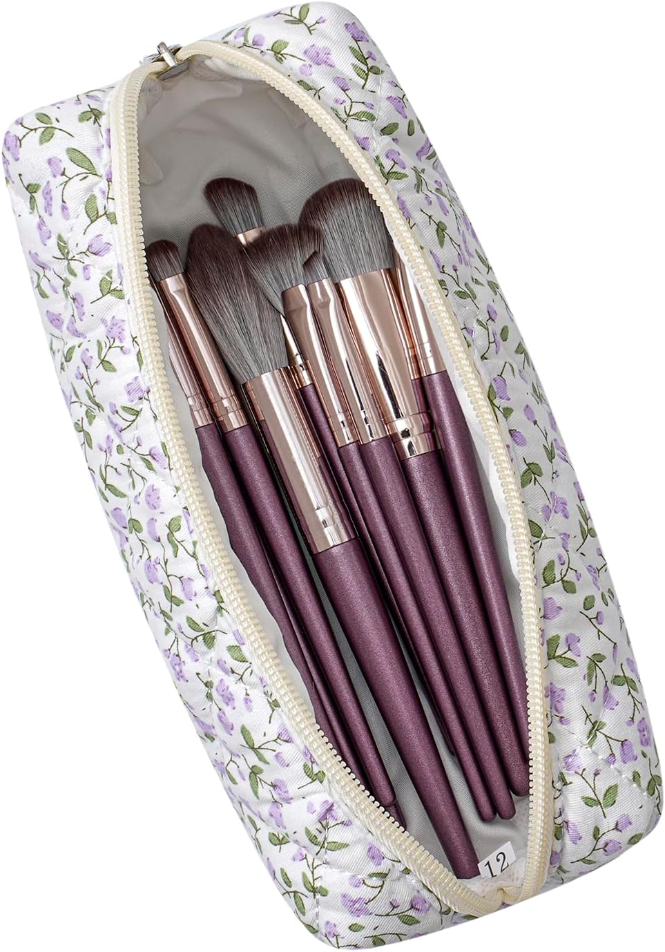 Cute Floral Makeup Brush Bag Small Cotton Quilted Cosmetic Bag for Women Travel Toiletry Zipper Make Up Pouch (Purple Floral) - Image 2