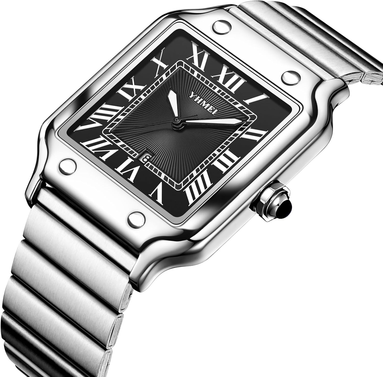 CARLIEN Unisex Classic Square Roman Numerals Silver Analog Waterproof Watches for Women Men Stainless Steel Strap Date Display Casual Wristwatch