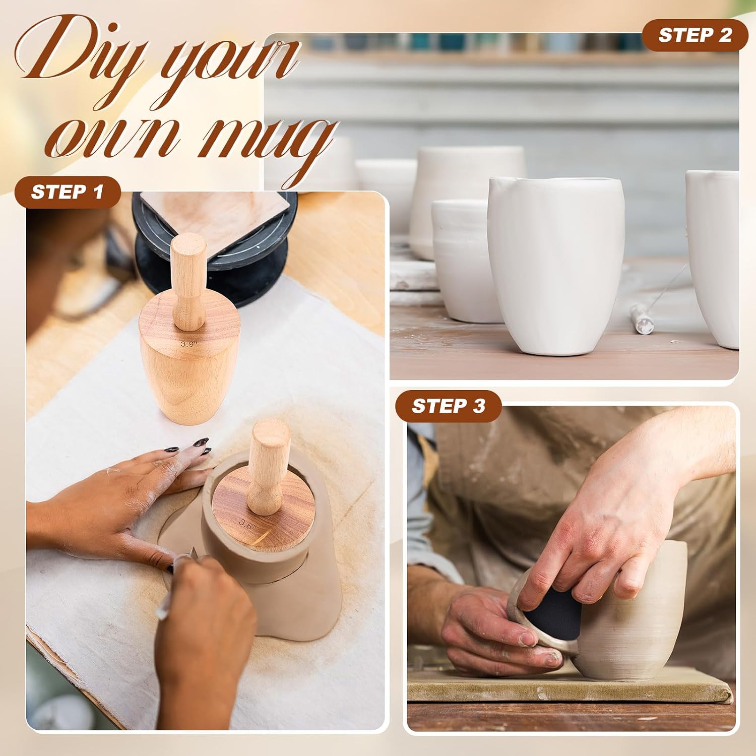 3 Pcs Coffee Cup Pottery Molds 3. 3'', 3. 6'', 3. 9'' Curved Plaster Molds with 12 Pcs Mug Handle Forms Pottery Shaping Tool 3 Sizes Wood Slump Press Mold for DIY Cup Mug Art Making (Wide-Mouthed)