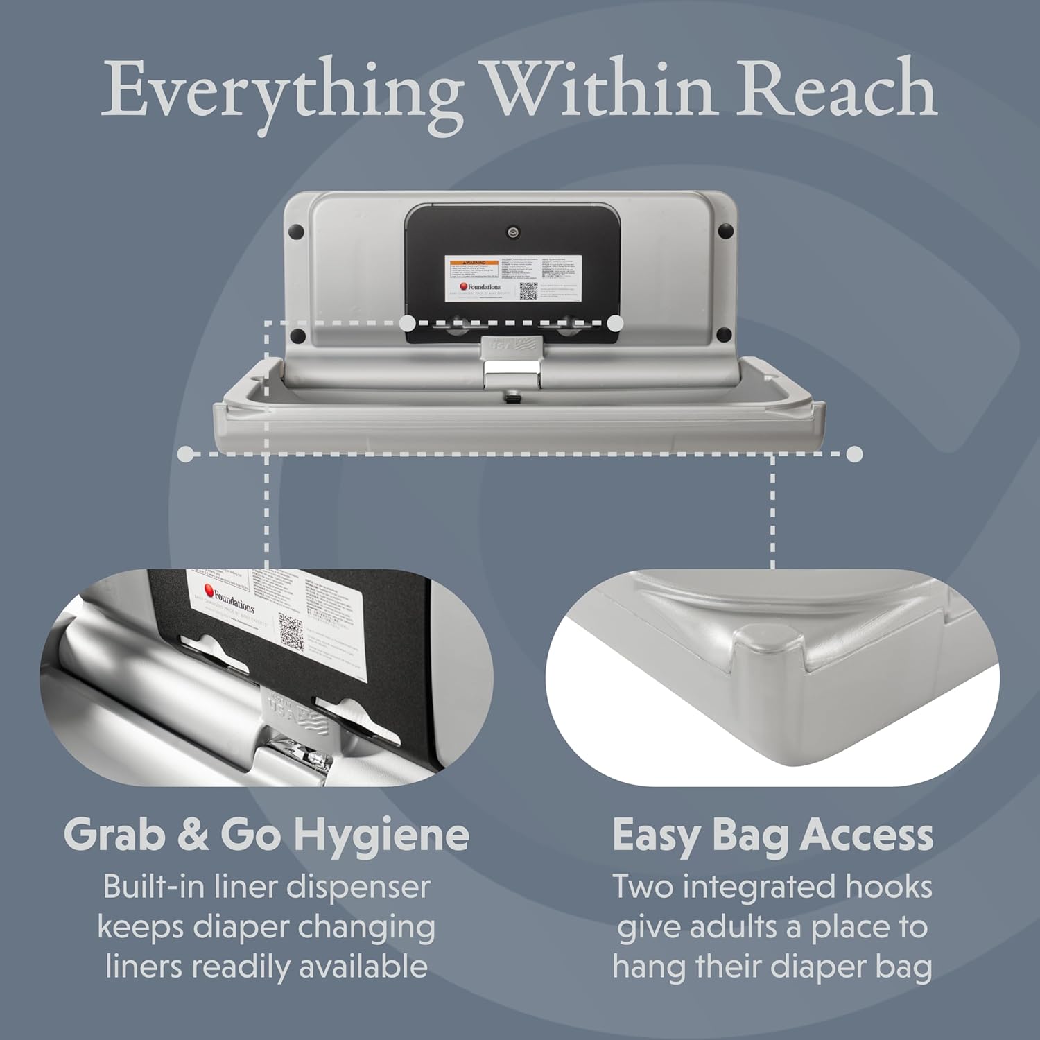 Foundations Ultra Horizontal Wall Mounted Baby Diaper Changing Station, Oversized Changing Surface, Plastic with Stainless Steel Hinge, Safety Strap - Metallic (200-EH-04)