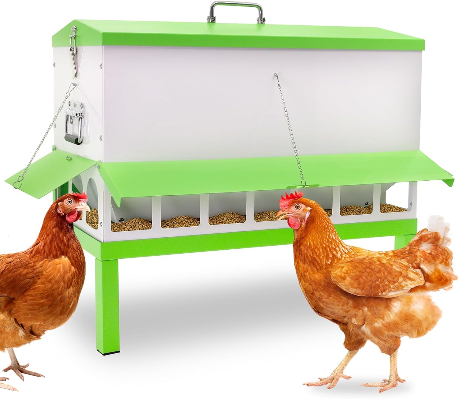 Metal Chicken Feeder 110lb,No Waste Automatic Large Capacity Chicken Feeder with 18 Ports & Locking Lid, Galvanized Poultry Equipment,Weatherproof,Rodent Proof, Rat Proof, Comederos para Gallinas