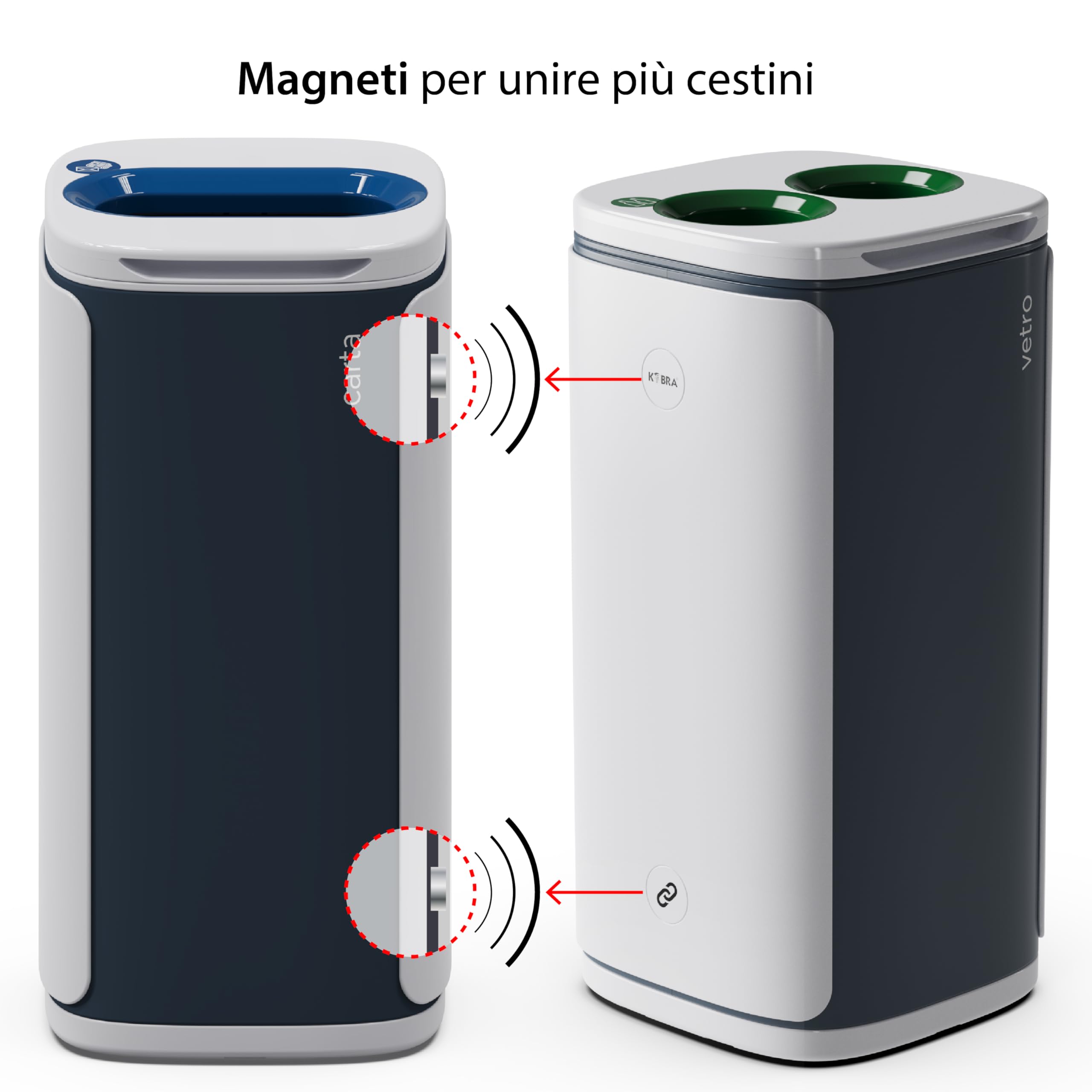 KOBRA Wastee - Papelera de reciclaje de 60 litros, cubo de basura de diseño con imanes, cubo de basura de plástico, papel, vidrio y metal indiferenciado, húmedo para interiores y exteriores, elegante,
