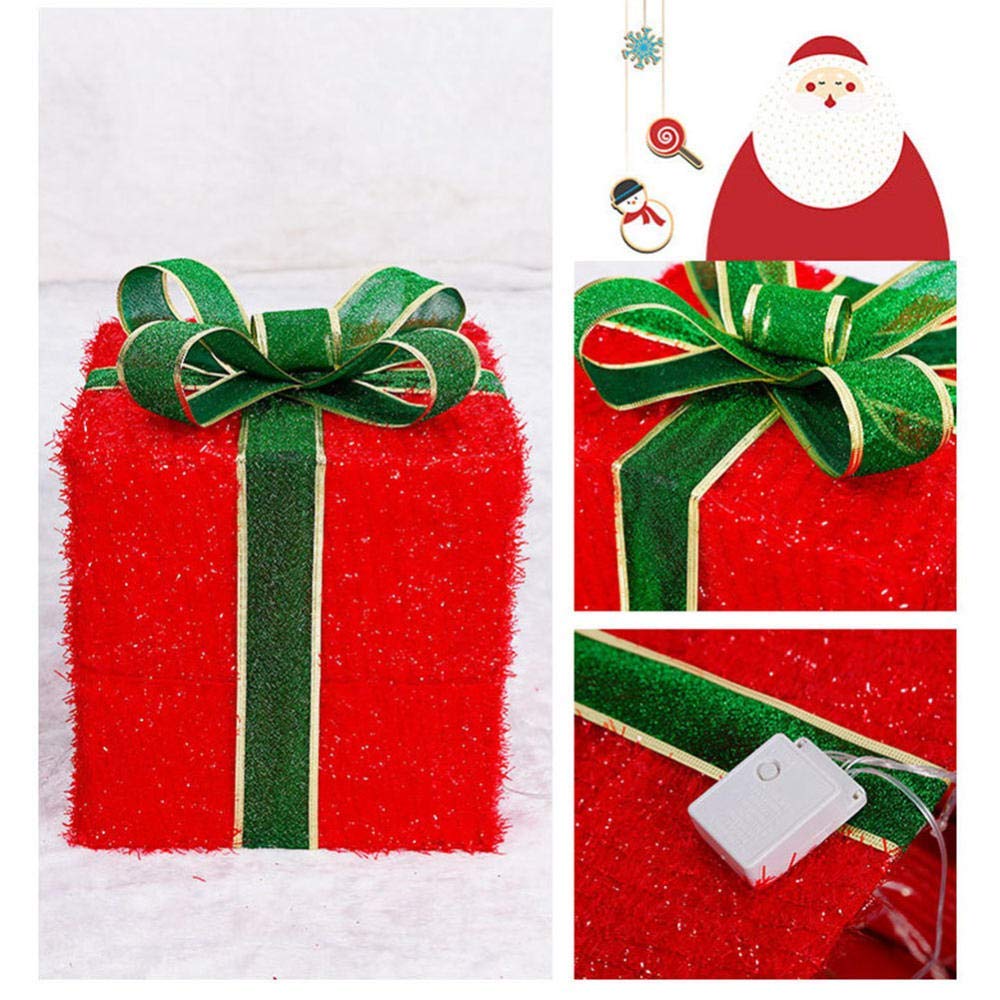 Cajas de regalo para Navidad, Cajas de regalo LED de tela de hierro con iluminación navideña, juego de 3 paquetes decorativos de Navidad, luces blancas cálidas, decoración interior y exterior(Rosso)