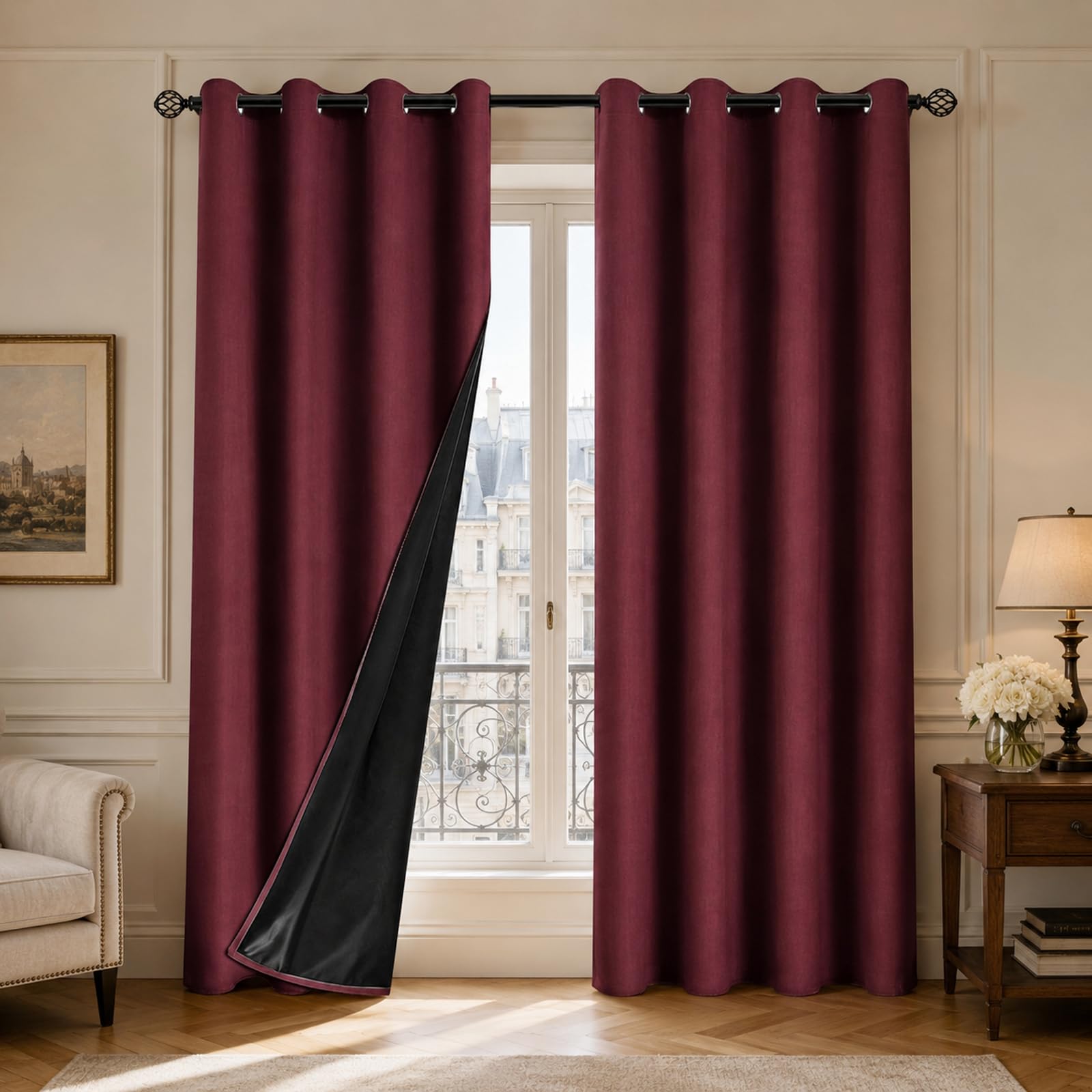 Blackout Curtains Thermal Insulated Eyelet Curtains with Black Liner, Full Light Blocking Room Darkening Window Drapes for Bedroom Living Room(Size:100x250cm/39"W x 98"L(2 Panels),Color:Wine Red)