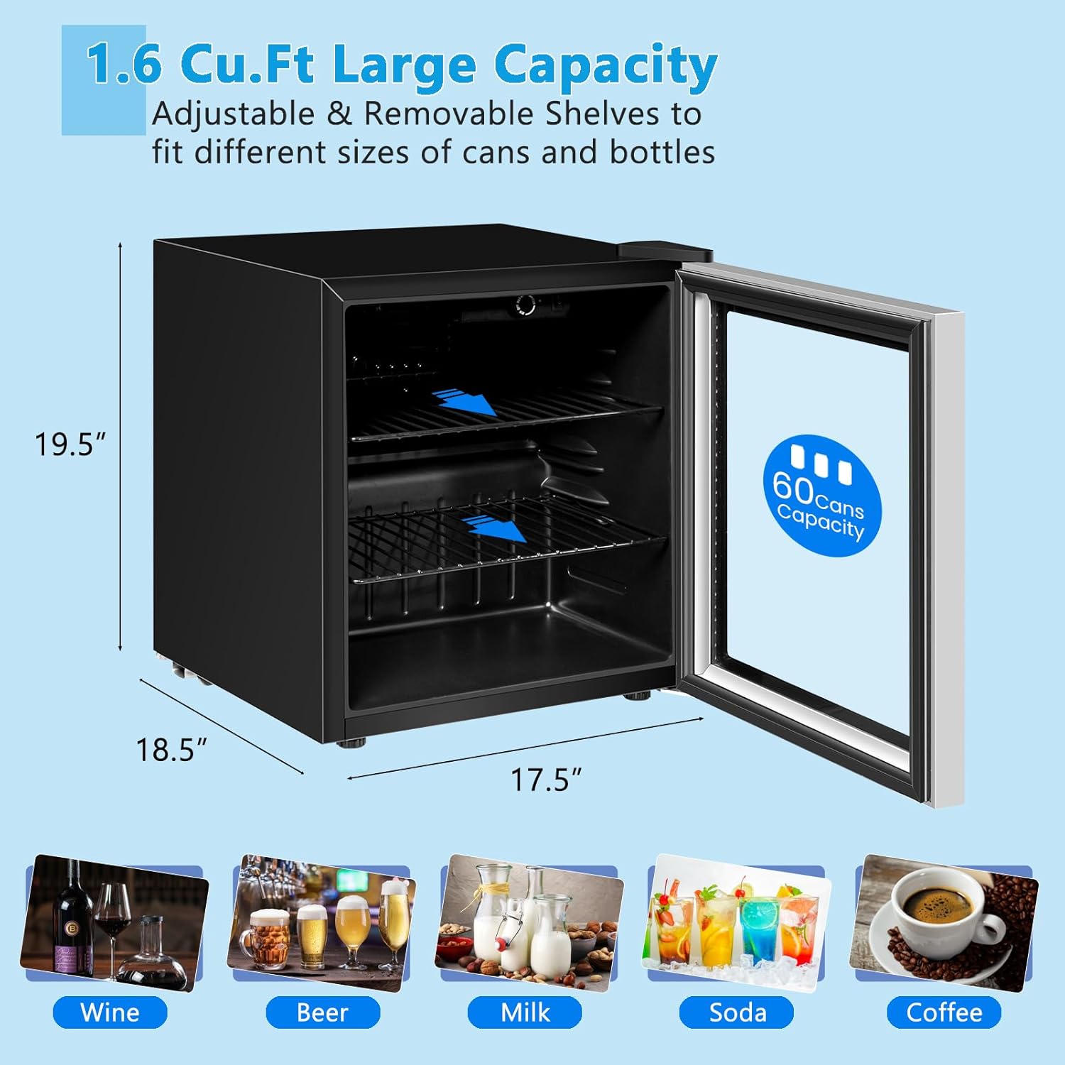 KOTEK Beverage Refrigerator, 60 Cans / 1.6 cu.ft Mini Fridge with Glass Door, Beverage Cooler for Soda, Wine, Beer, Temperature Control, Adjustable Shelves & LED Light, Under Counter Beverage Fridge