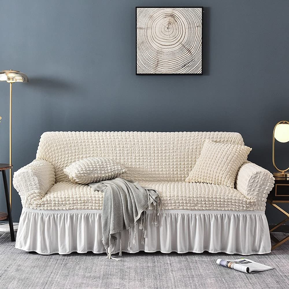 Housse de canapé en seersucker haut de gamme pour grand salon beige droit