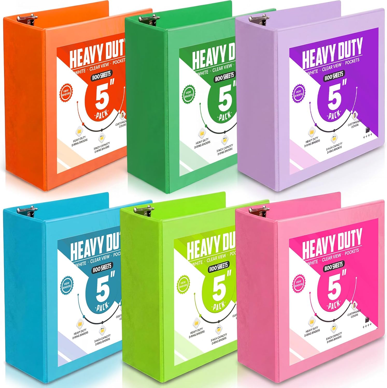 Sinload 6 Pcs 3 Ring Binder, Large Capacity D Ring Binders with Pockets, 8.5" x 11" Presentation Folder View Binder with Customizable Clear Cover for Documents Files Projects(Multicolored,5 Inch)