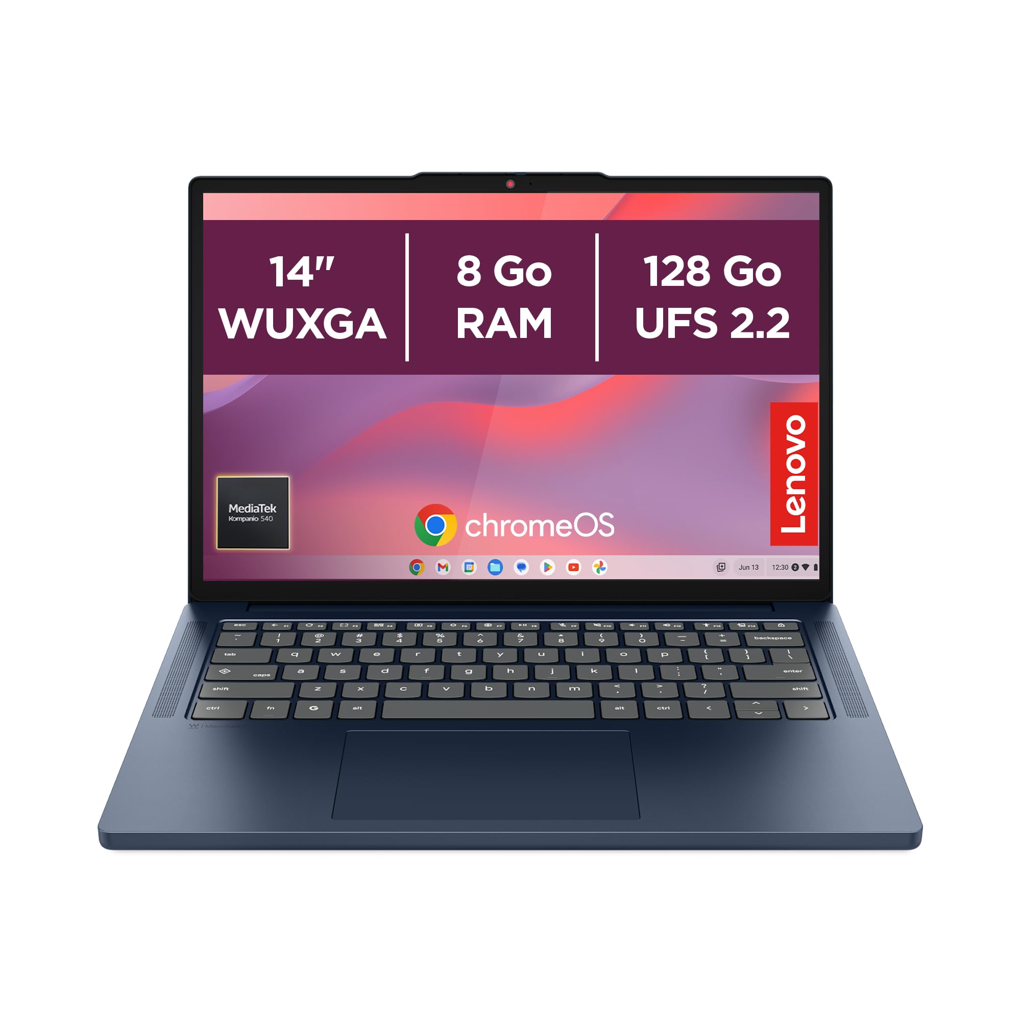 Lenovo Chromebook 14M8911 - Ordinateur Portable 14'' WUXGA (MediaTek Kompanio 540, RAM 8Go, SSD 128Go, Arm Mali-G57 MC2 GPU, Chrome OS) Clavier AZERTY Français - Cosmique Bleu