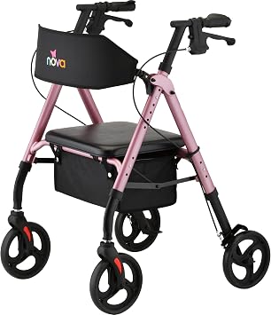 NOVA Star 8 Foldable Rollator Walker for Seniors 53"62", Wide Padded Backrest with Seat, 8 All-Terrain Wheels, Easy-Grip Locking Hand Brakes, Height Adjustable, Pink