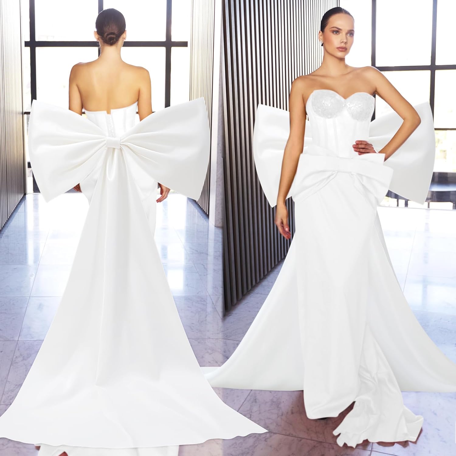 Bencailor Long 67" Big Satin Bow Cape Large Detachable Bow Train for Dress Waist Sash Belt for Bride Formal Wedding Dress