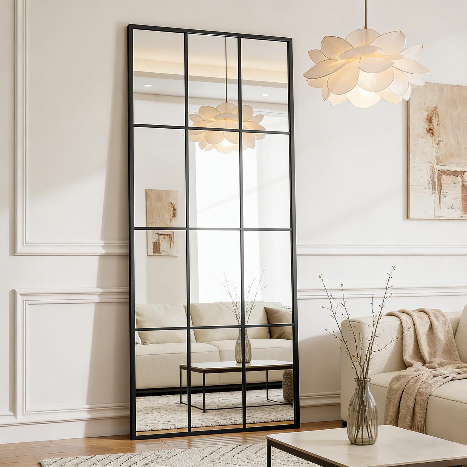 Espejo Ventana de Cuerpo Entero Rectangular, Espejo para Dormitorio y Armario, para Colocar en el Suelo o Fijar en la Pared - Negro, 175x63cm | 69" L x 25" W