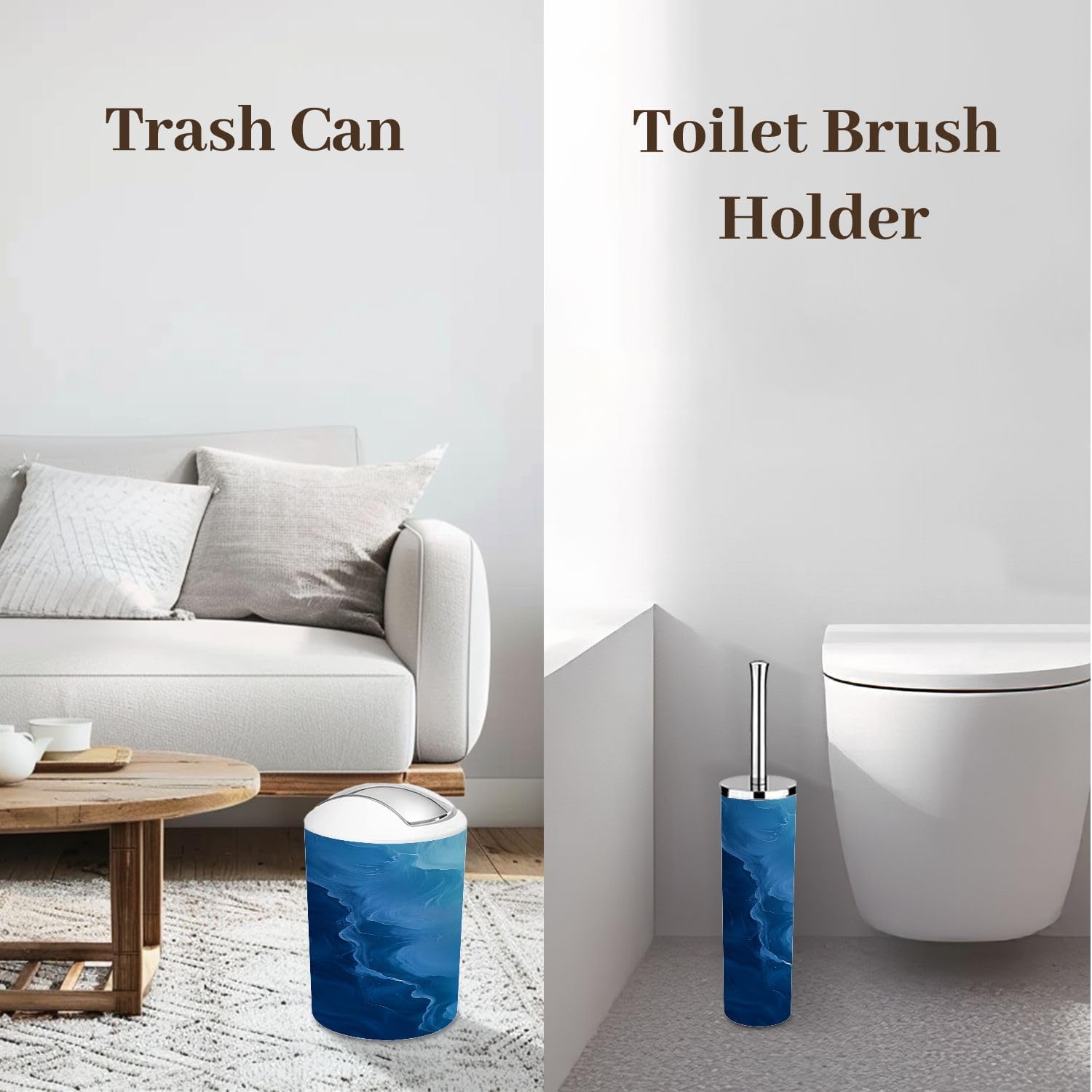 Bathroom Accessory Set 6 Piece Blue Teal Ocean Wave Sea Nautical Beach Abstract Modern Seaside Trash can, Toothbrush Holder, Soap Dispenser, Soap Dish, Toothbrush Cup, Toilet Brush Holder