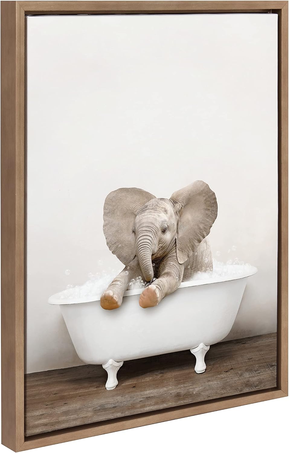 Kate and Laurel Sylvie Baby Elephant No 6 in Rustic Bath Framed Canvas Wall Art by Amy Peterson Art Studio; 18x24 Natural; Modern Fun Decorative Bathtub Wall Art for Home Décor