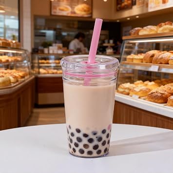 2 Pack 450ml Clear Plastic Iced Coffee Travel Cups, Reusable with Lids and Straws, for Cold Hot Beverages (2, Pink, Yellow)
