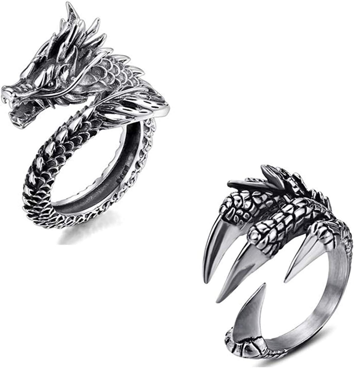 2 Pcs Vintage Punk Rock Chinese Dragon Ring and Dragon Claw Ring for Men Women Vintage Rings Set Gothic Alloy Open Adjustable