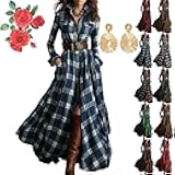 Western Dress for Women Plaid Maxi Shirt Dresses Vintage Long Sleeve V-Neck Button Down Belt Flowy Fall Long Dress